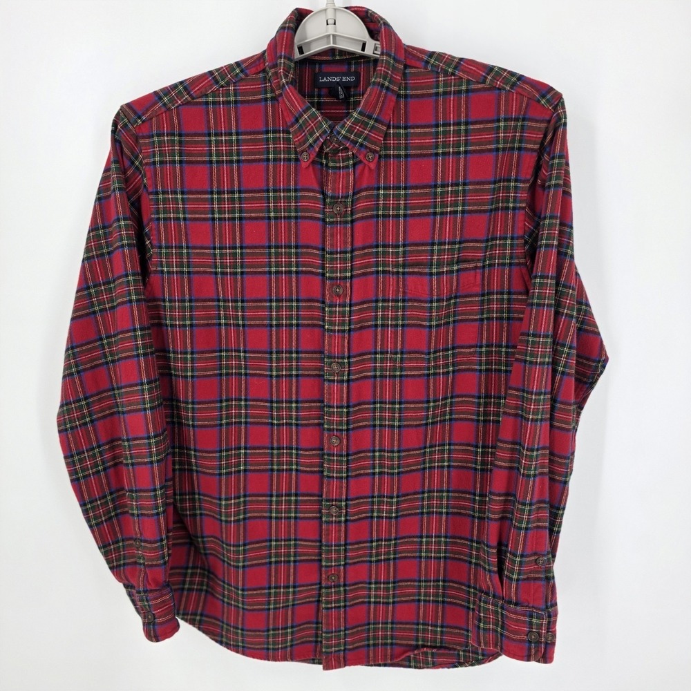 Lands' End Flannel Shirt Men's Large Red Plaid Traditional Fit Cotton‎ Button